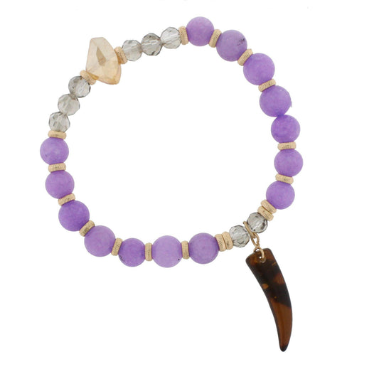 Purple Stone Beaded Stretch Bracelet with Tortoise Horn Accent