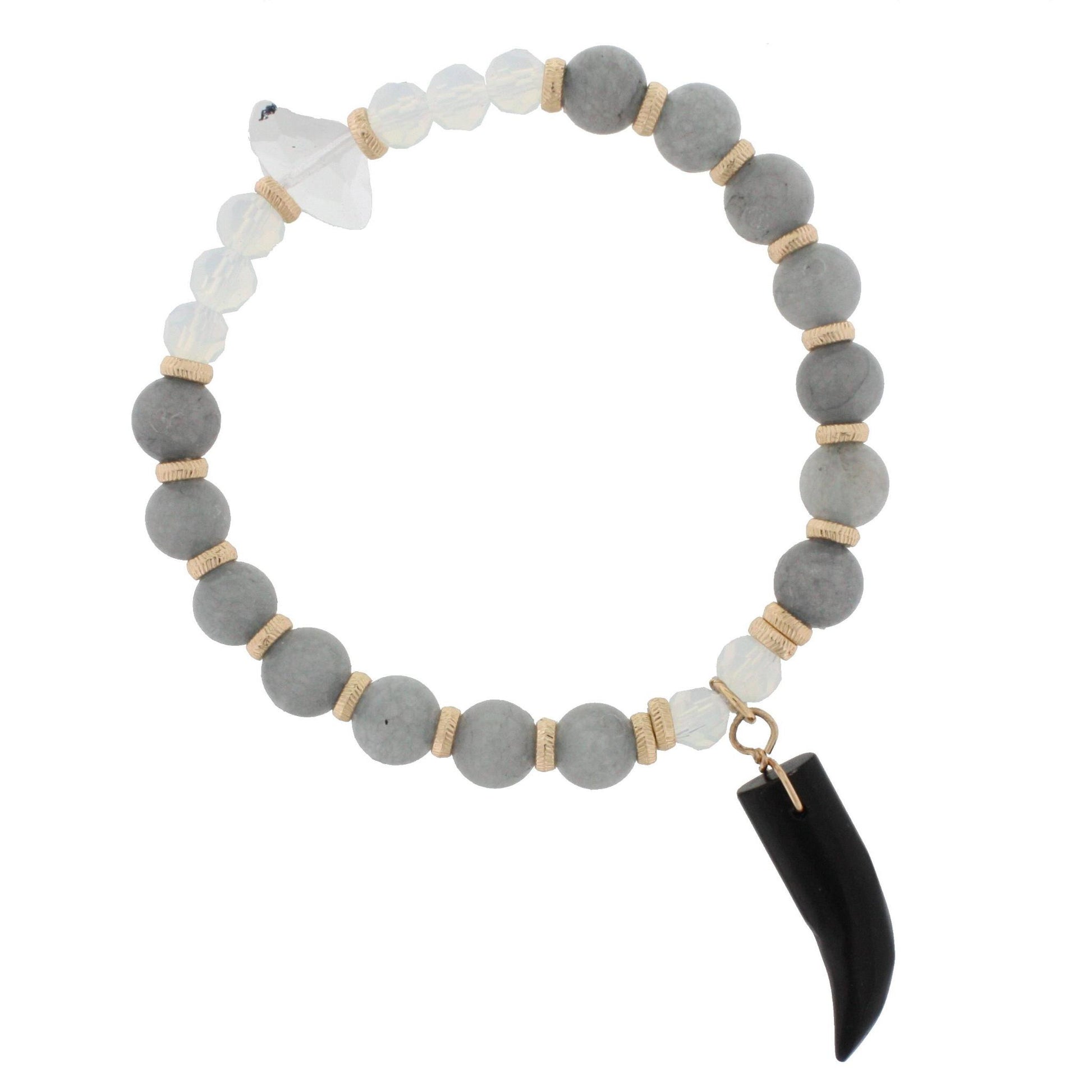 Grey Stone Beaded Stretch Bracelet with Black Horn Accent