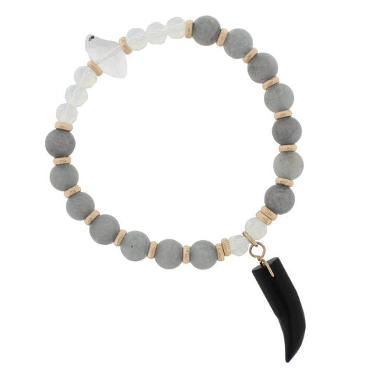 Grey Stone Beaded Stretch Bracelet with Black Horn Accent