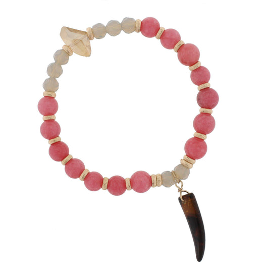 Pink Stone Beaded Stretch Bracelet with Tortoise Horn Accent