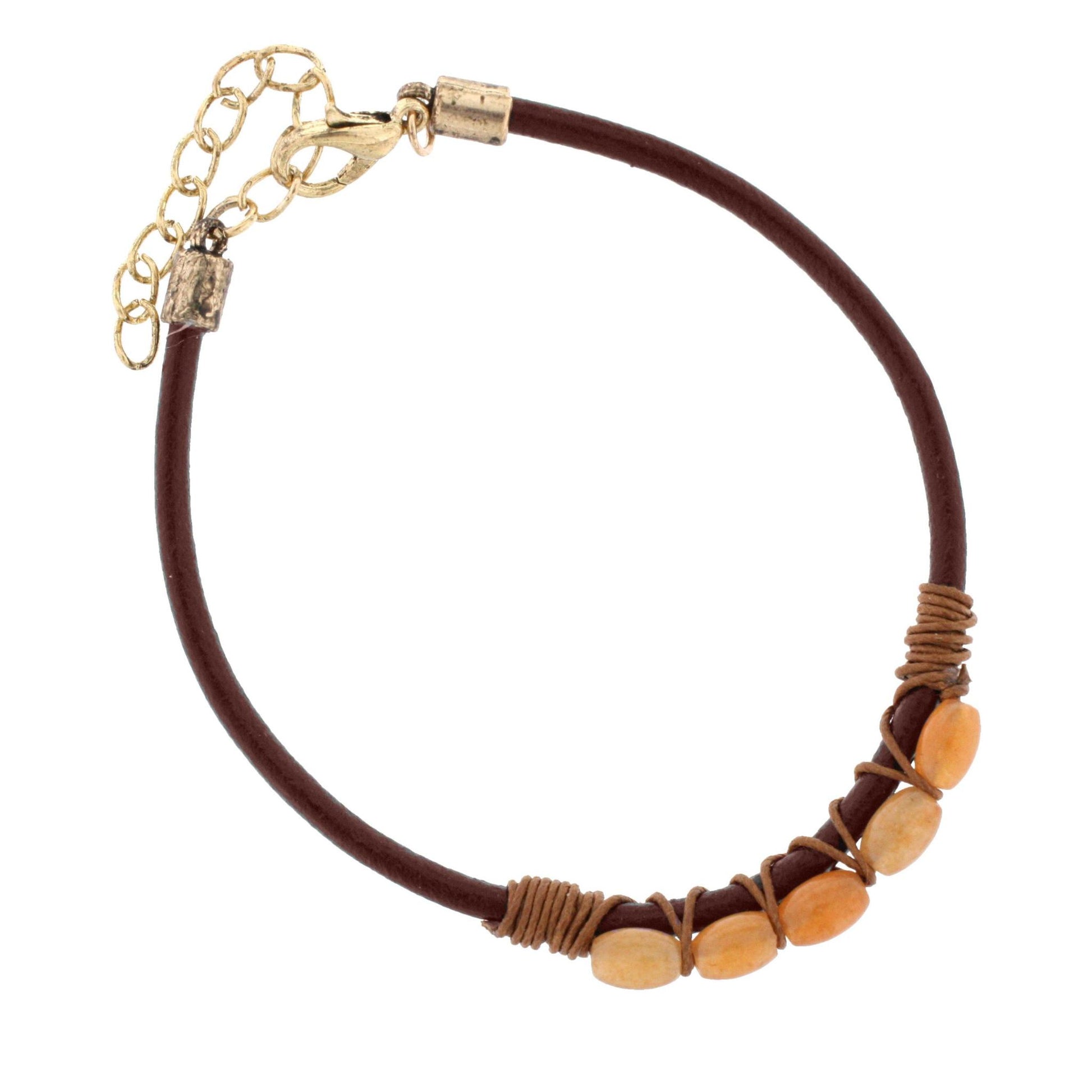 Dark Brown Rope Leather Bracelet with Rustic Orange Hand Wrapped Beads