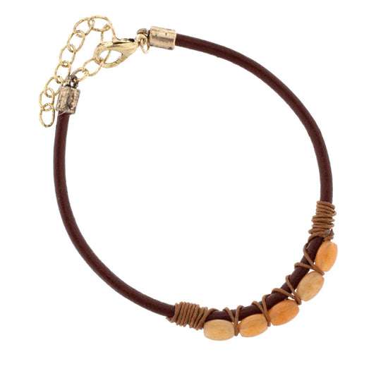 Dark Brown Rope Leather Bracelet with Rustic Orange Hand Wrapped Beads