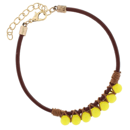 Dark Brown Leather Bracelet with Hand Wrapped Beads - Yellow