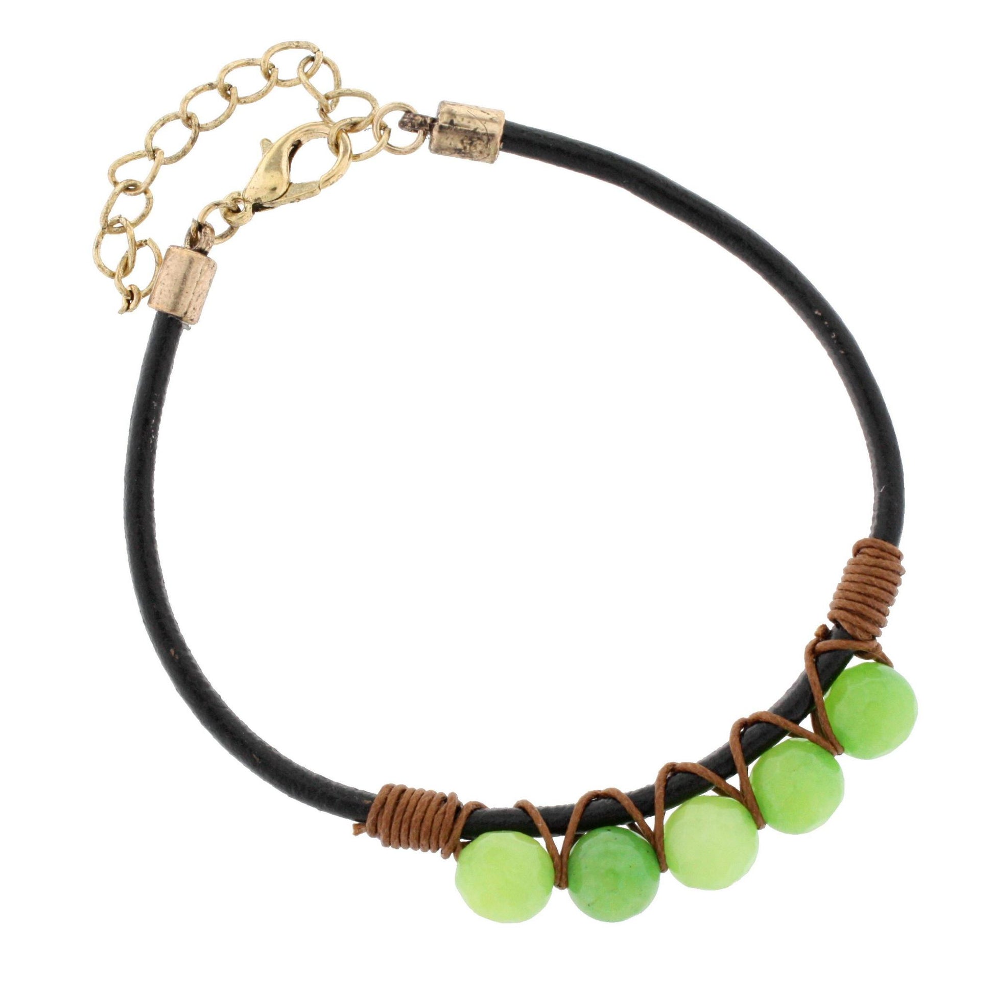 Black Rope Leather Bracelet with Green Hand Wrapped Beads