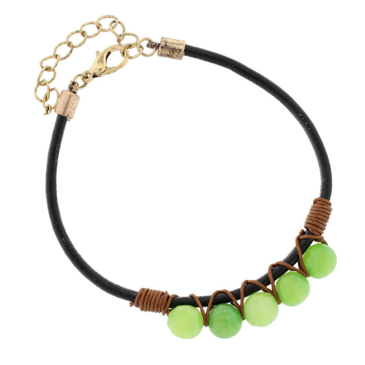 Black Rope Leather Bracelet with Green Hand Wrapped Beads