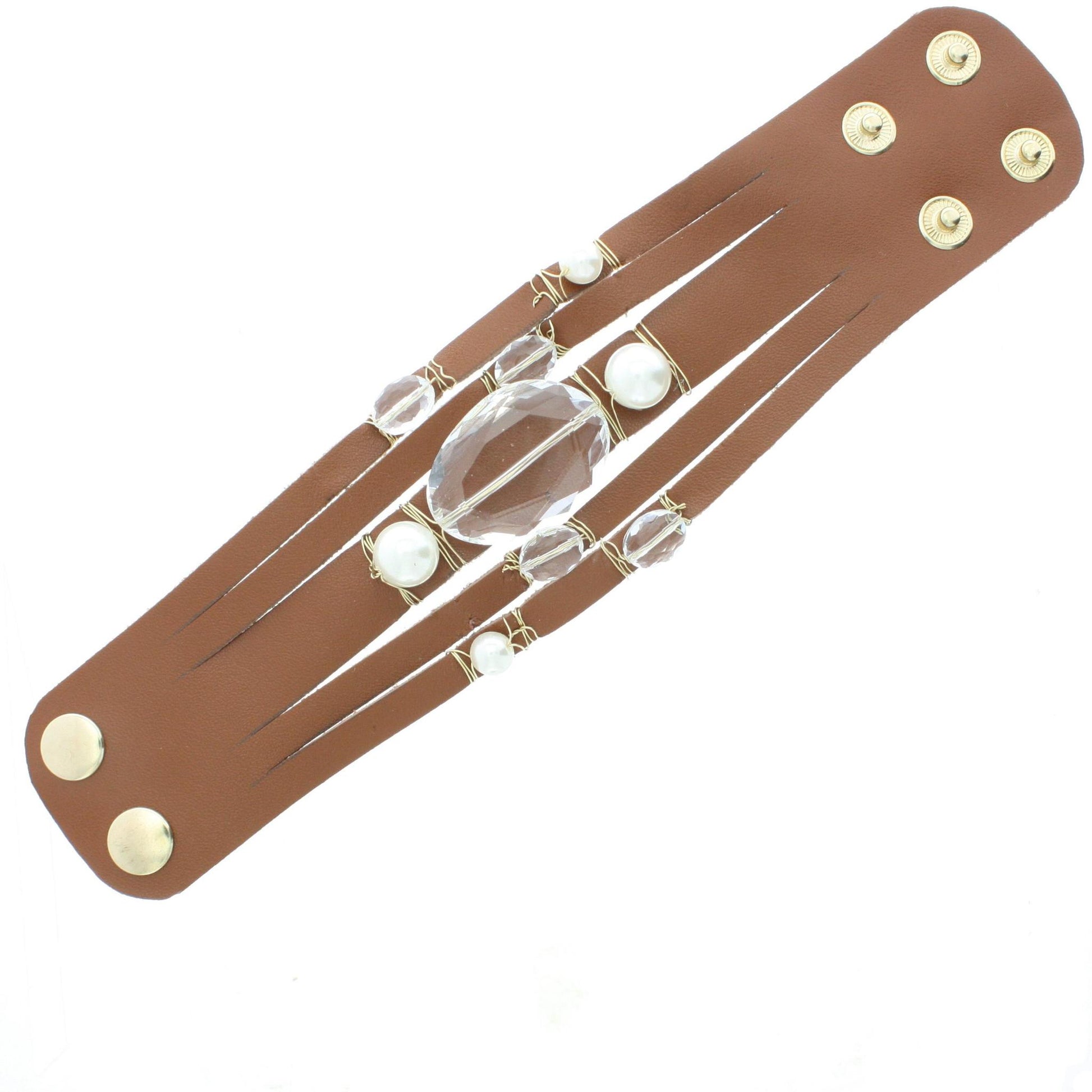 Light Brown Multi Stranded Leather Bracelet with Clear Crystal Stone and Wire Wrapped Stone Accents