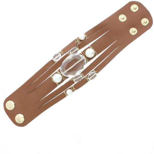 Light Brown Multi Stranded Leather Bracelet with Clear Crystal Stone and Wire Wrapped Stone Accents