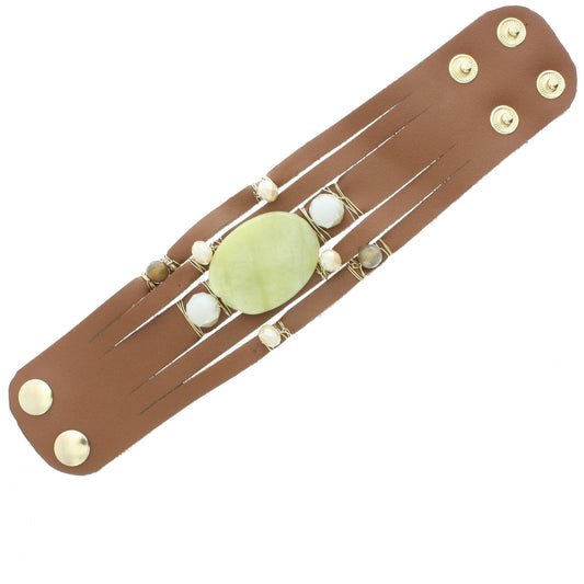 Light Brown Multi Stranded Leather Bracelet with Korean Jade Stone and Wire Wrapped Stone Accents