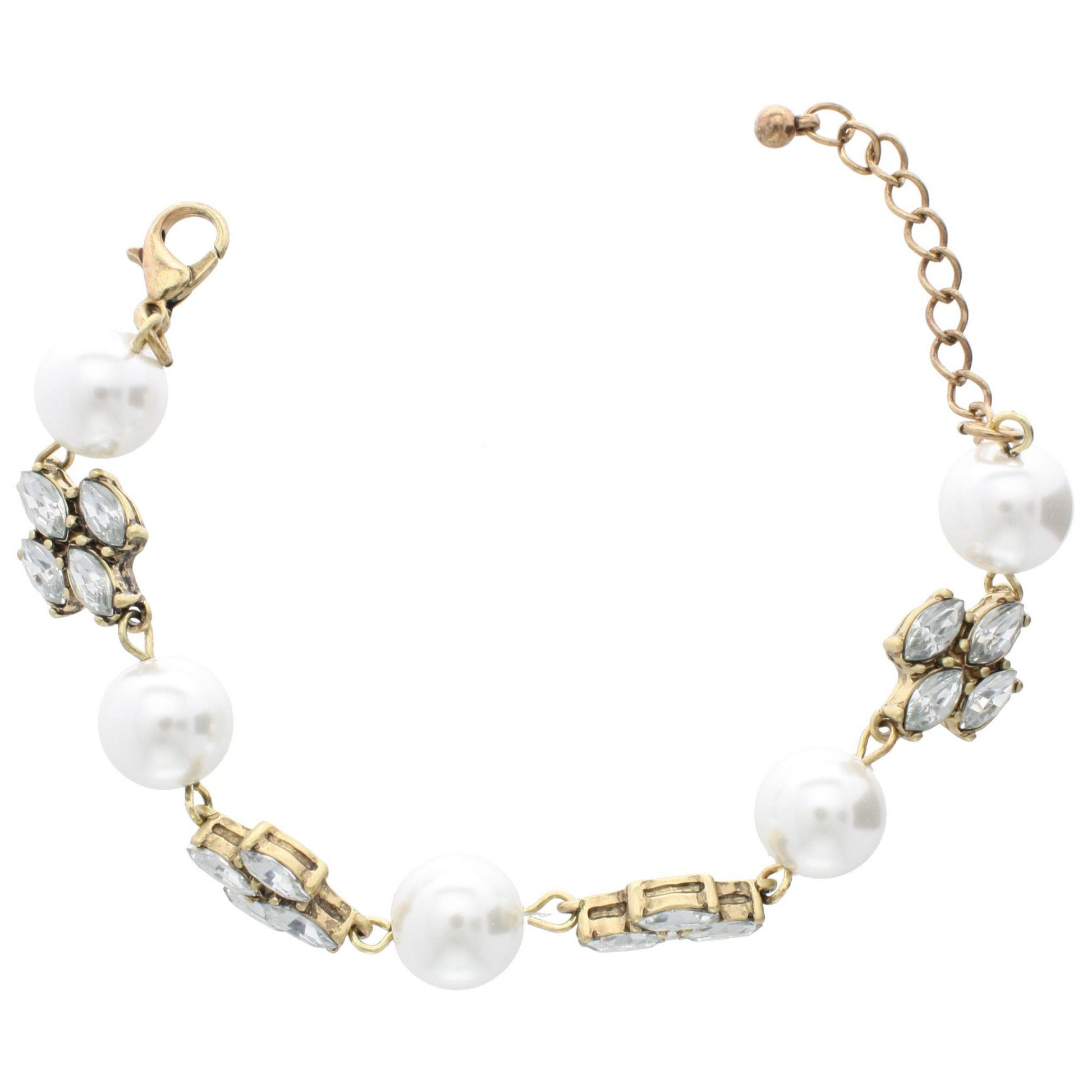 Crystal Cross and Ivory Pearl Gold Linked Bracelet