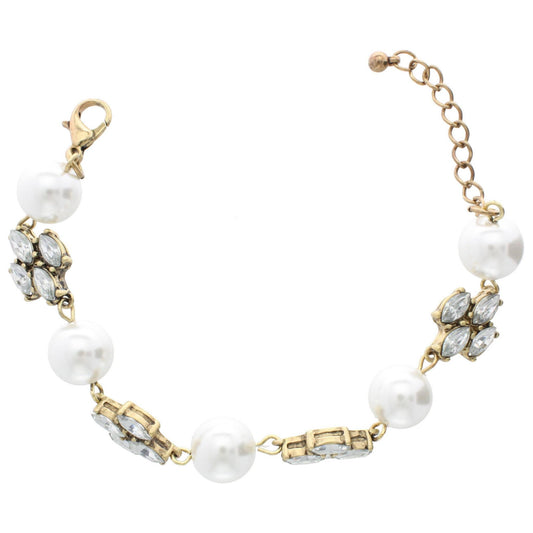 Crystal Cross and Ivory Pearl Gold Linked Bracelet