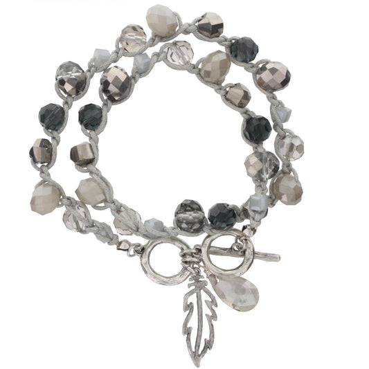 Grey and Black Diamond Glass Crochet Bracelet with Feather Charm