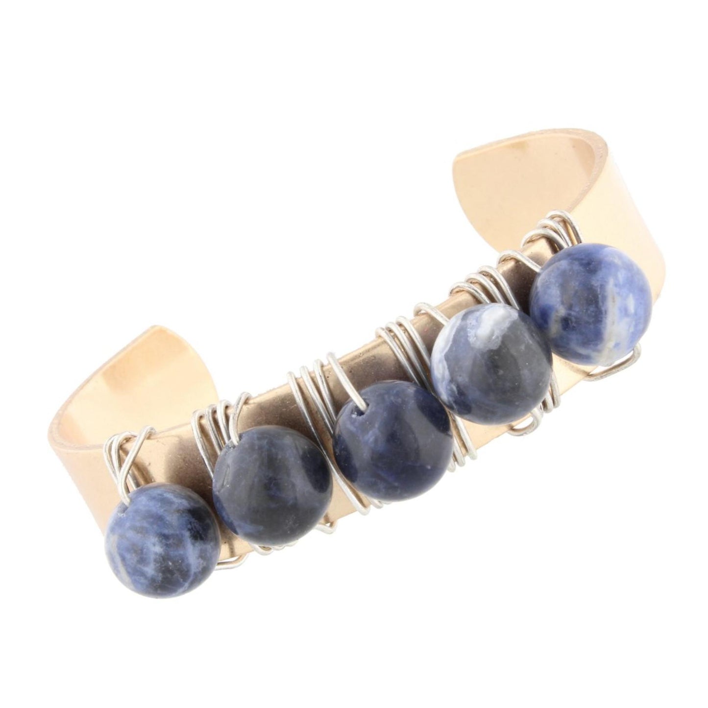 Antique Gold Brass Cuff Bracelet with Wire Wrapped Navy Natural Stones