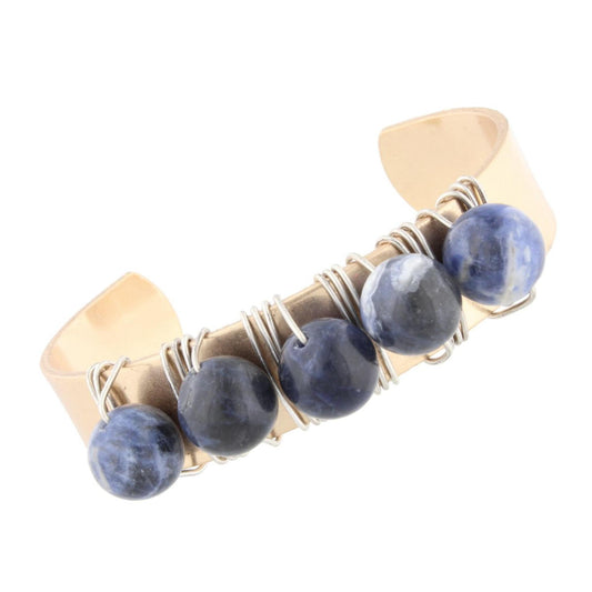 Antique Gold Brass Cuff Bracelet with Wire Wrapped Navy Natural Stones