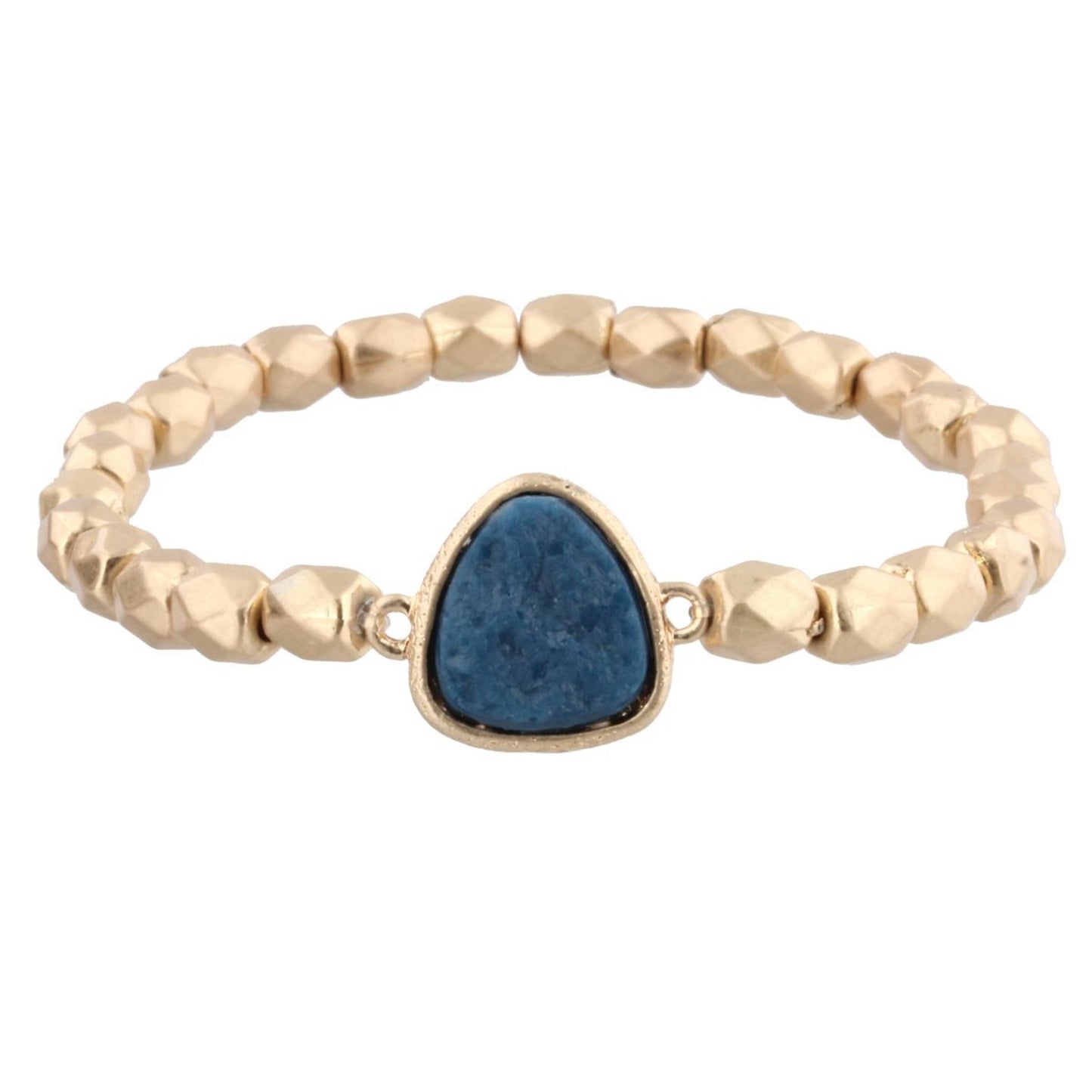 Gold Beaded Stretch Bracelet with Navy Rounded Triangle Shaped Druzy