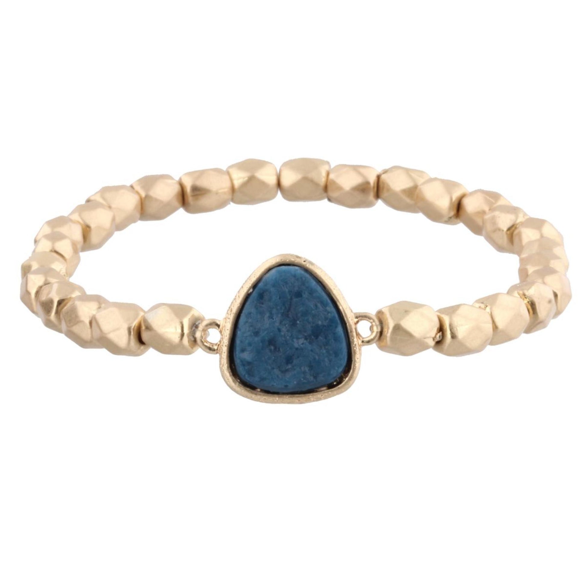 Gold Beaded Stretch Bracelet with Navy Rounded Triangle Shaped Druzy
