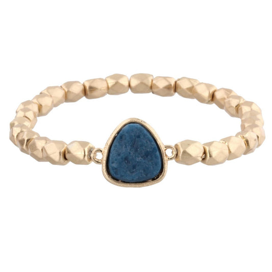 Gold Beaded Stretch Bracelet with Navy Rounded Triangle Shaped Druzy