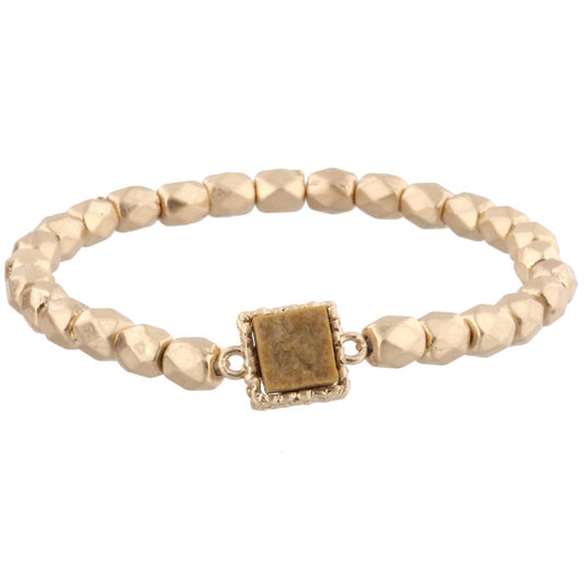 Gold Beaded Stretch Bracelet with Brown Square Shaped Druzy
