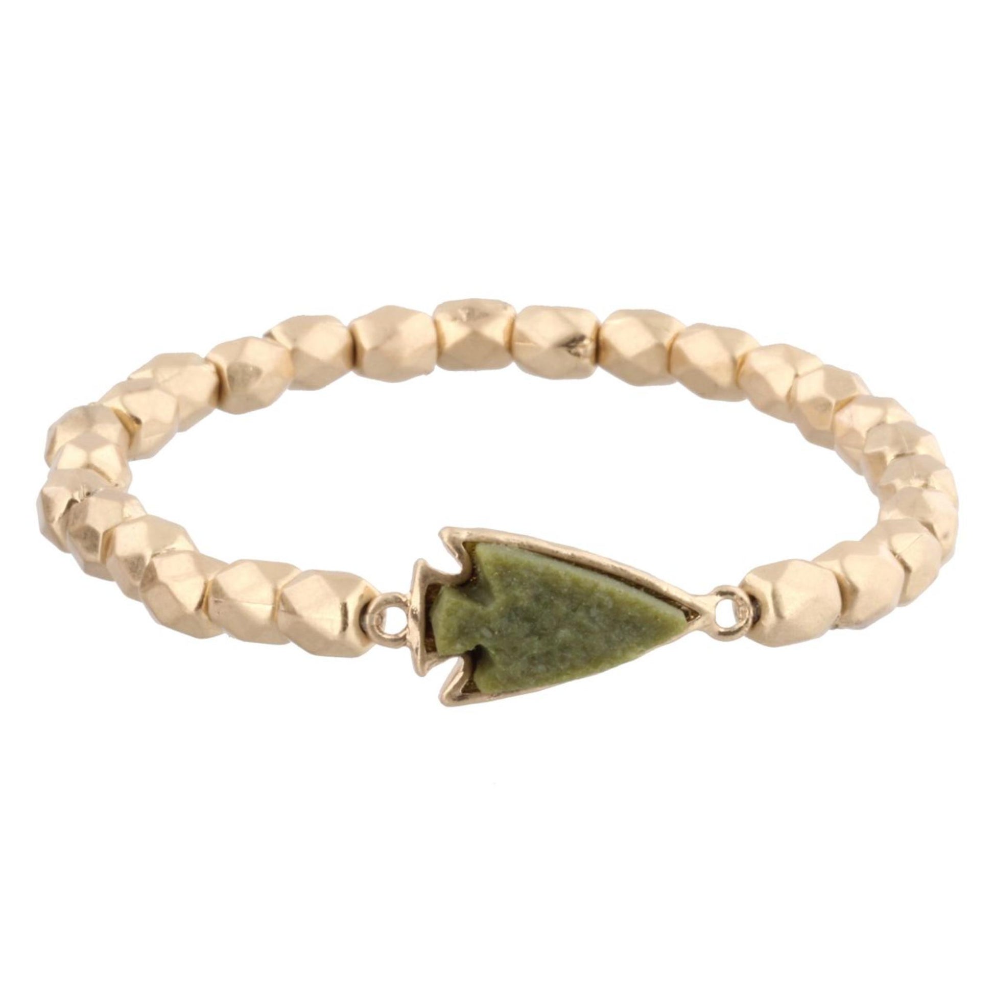 Gold Beaded Stretch Bracelet with Olive Arrowhead Shaped Druzy