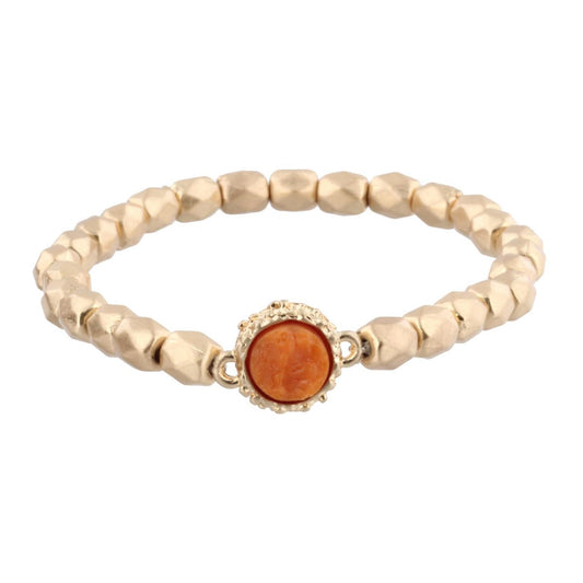 Gold Beaded Stretch Bracelet with Burnt Orange Circle Shaped Druzy