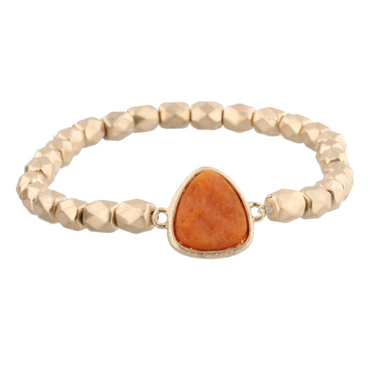 Gold Beaded Stretch Bracelet with Burnt Orange Rounded Triangle Shaped Druzy