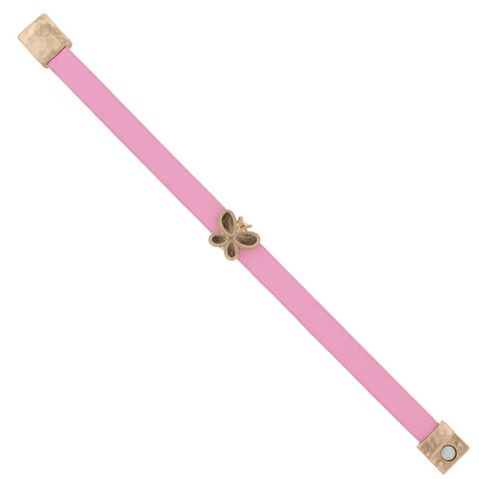 Kids Pink Leather Bracelet with Gold Butterfly