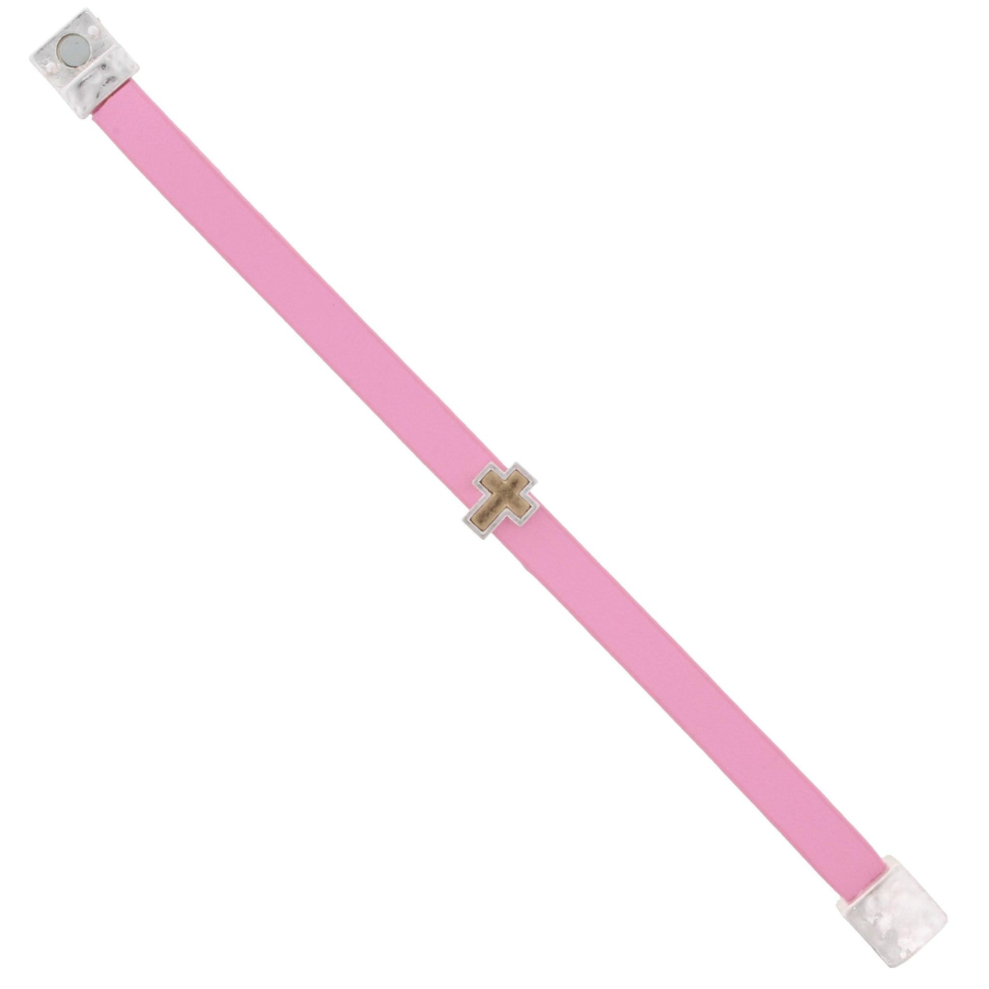 Kids Pink Leather Bracelet with 2-Tone Cross