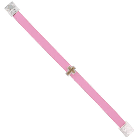 Kids Pink Leather Bracelet with 2-Tone Cross