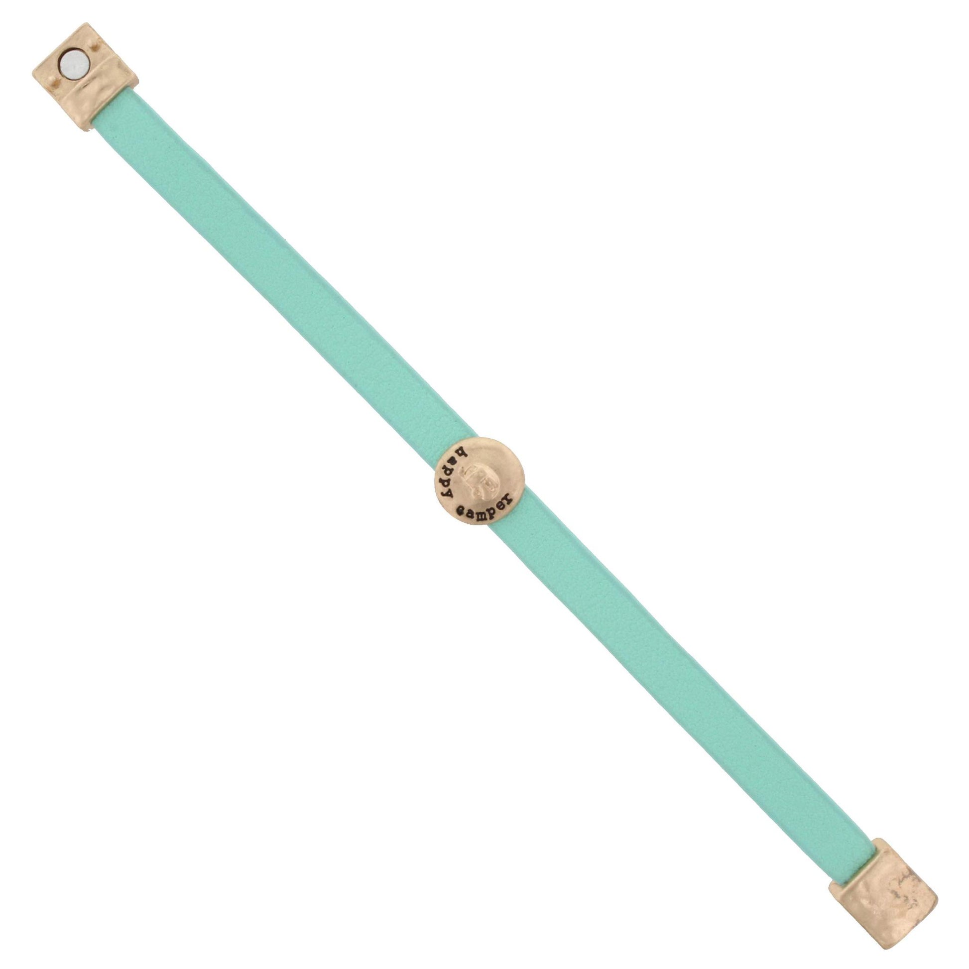 Kids Mint Leather Bracelet with Gold "Happy Camper"