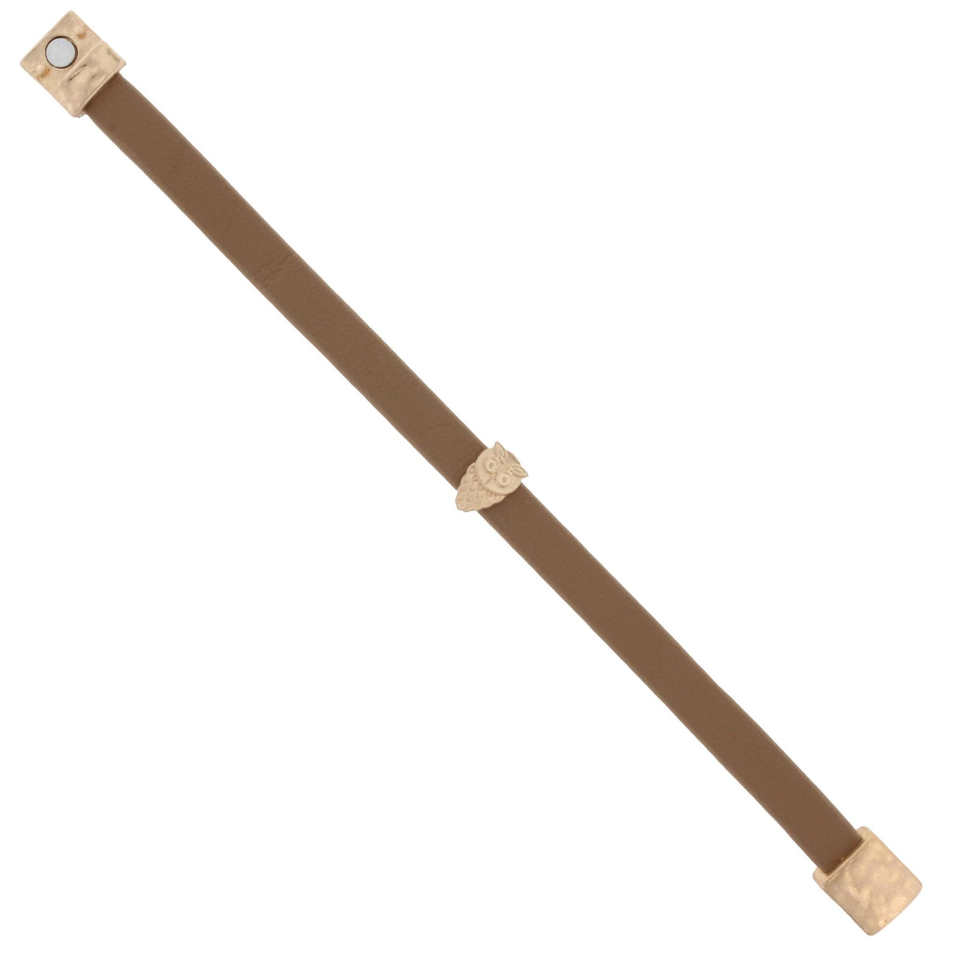 Kids Tan Leather Bracelet with Gold Owl