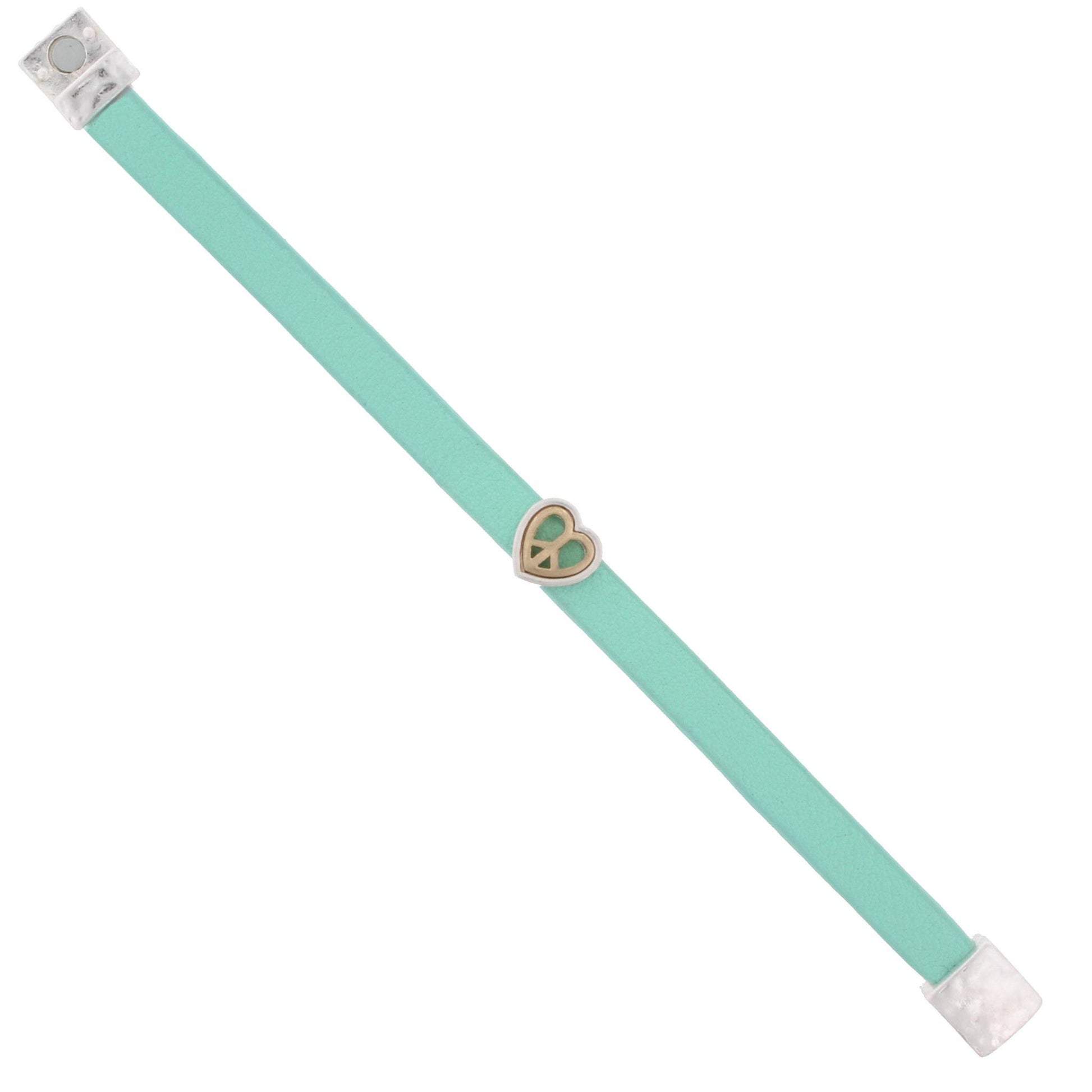 Kids Mint Leather Bracelet with 2-Tone Heart/Peace Sign
