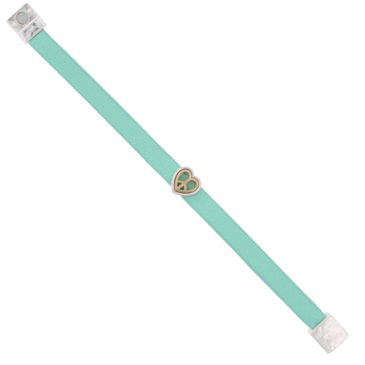 Kids Mint Leather Bracelet with 2-Tone Heart/Peace Sign