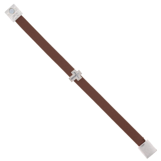 Kids Brown Leather Bracelet with Silver Cross