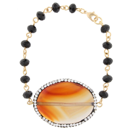 Jet Faceted Beaded and Gold Linked Bracelet with Brown Pave