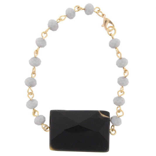 Grey Faceted Beaded and Gold Linked Bracelet with Jet Stone