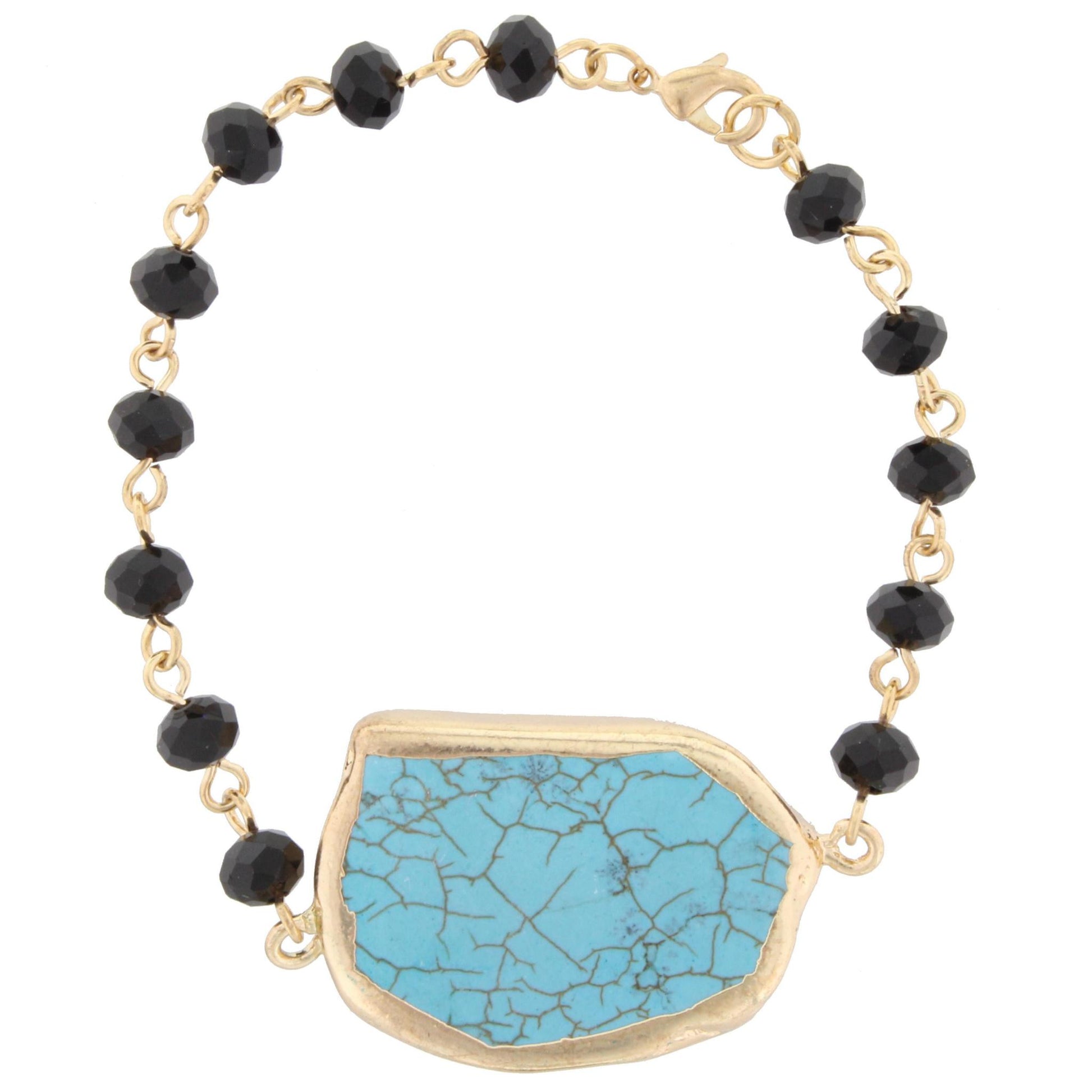 Jet Faceted Beaded and Gold Linked Bracelet with Turquoise Stone