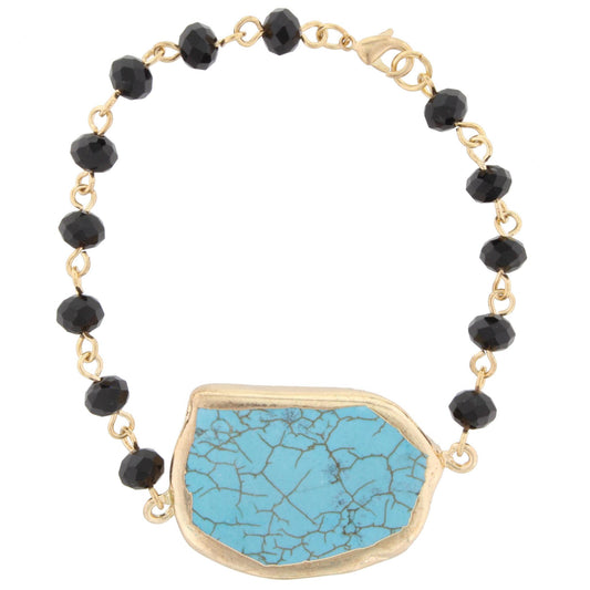 Jet Faceted Beaded and Gold Linked Bracelet with Turquoise Stone