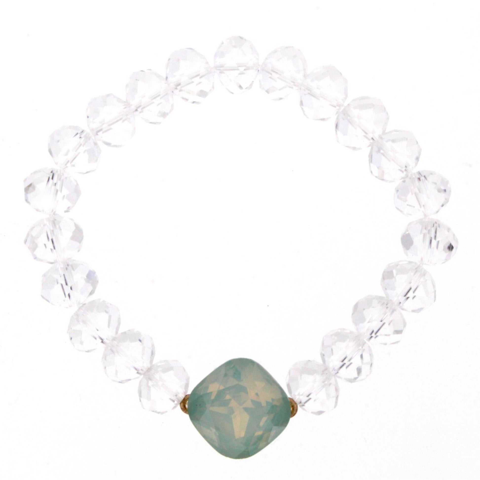Clear Beaded Stretch Bracelet with Mint Rhinestone