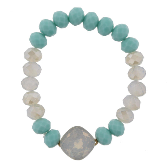 Mint and Opaque Opal Beaded Stretch Bracelet with Opal Rhinestone
