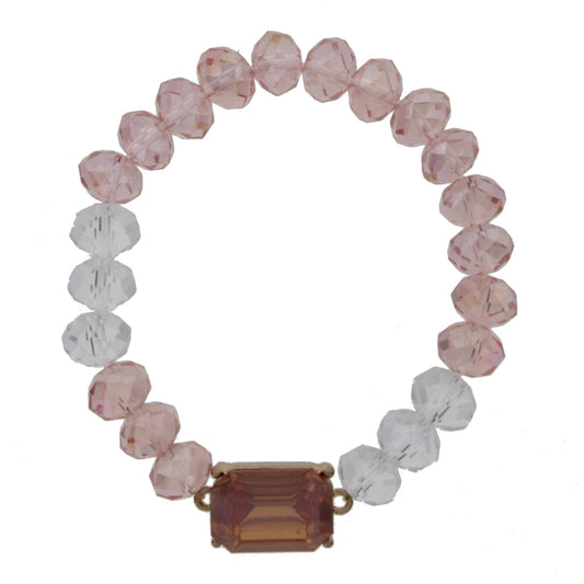 Pink and Clear Beaded Stretch Bracelet with Pink Rhinestone
