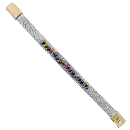 Silver Metallic Leather Bracelet with AB Multi Beaded Bar