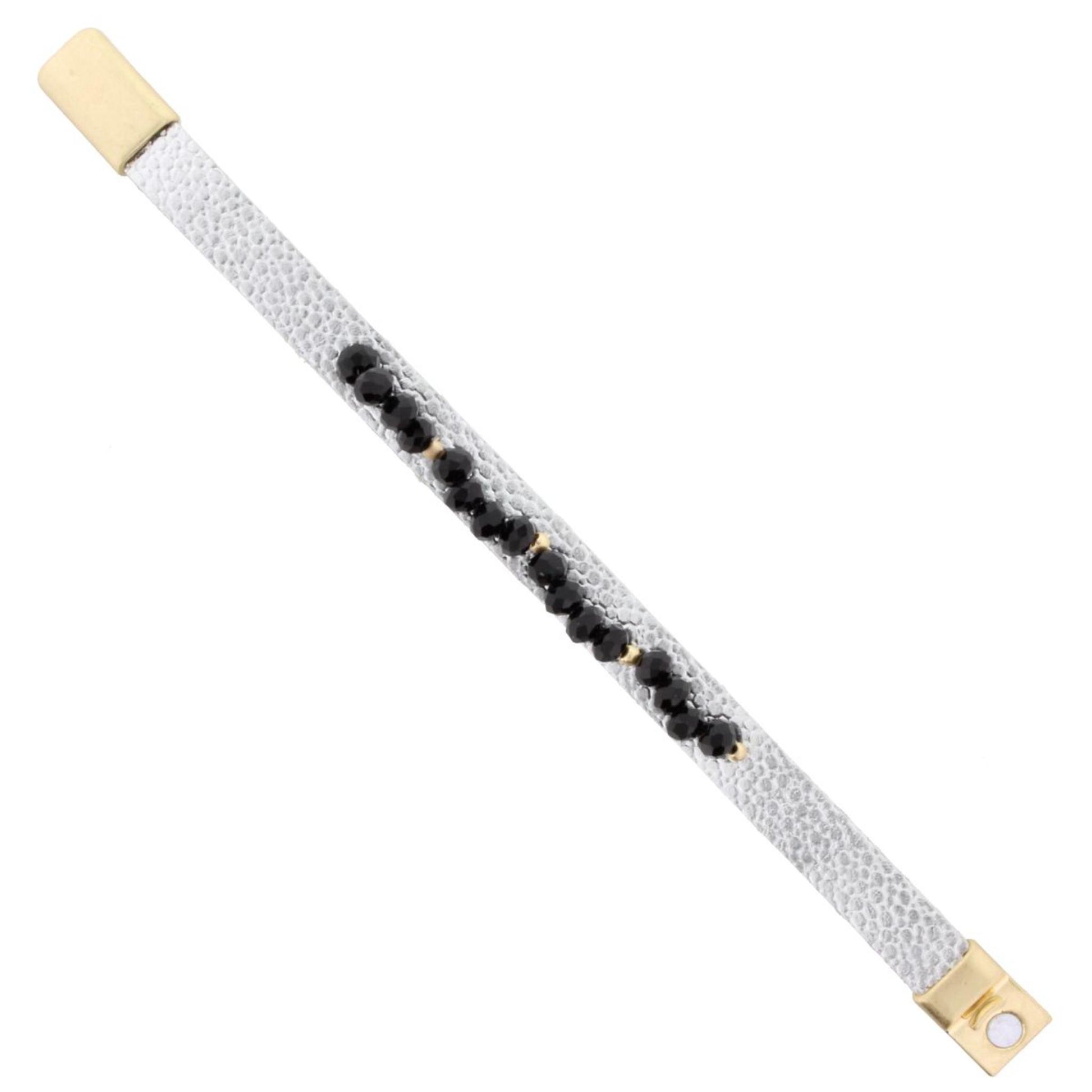 Silver Metallic Leather Bracelet with Jet Beaded Bar