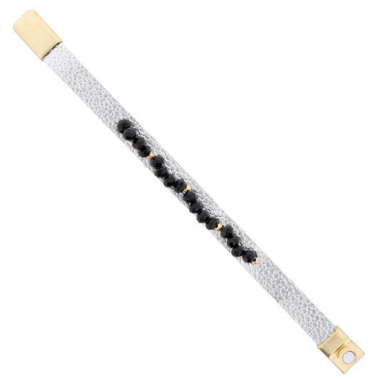 Silver Metallic Leather Bracelet with Jet Beaded Bar