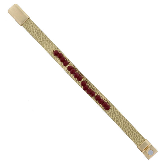Gold Metallic Leather Bracelet with Scarlet Beaded Bar