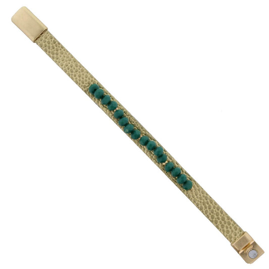Gold Metallic Leather Bracelet with Teal Green Beaded Bar