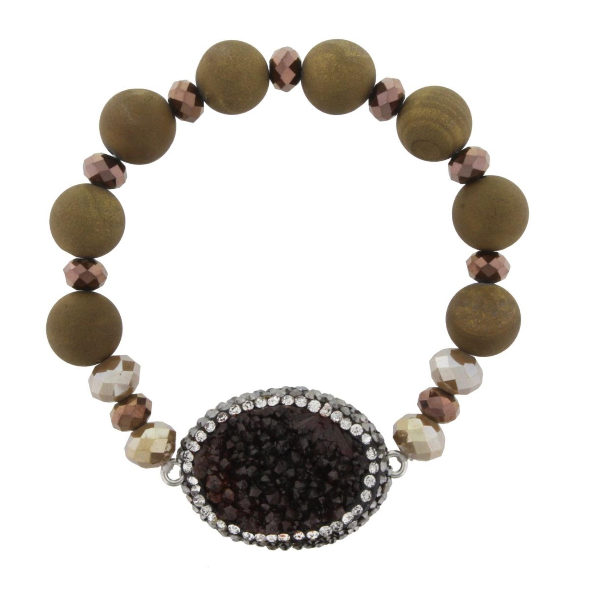 Brown Agate Beaded Stretch Bracelet with Black Pave Druzy