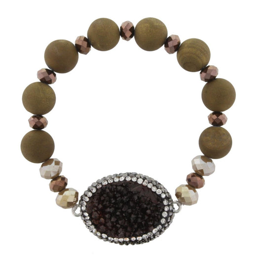 Brown Agate Beaded Stretch Bracelet with Black Pave Druzy