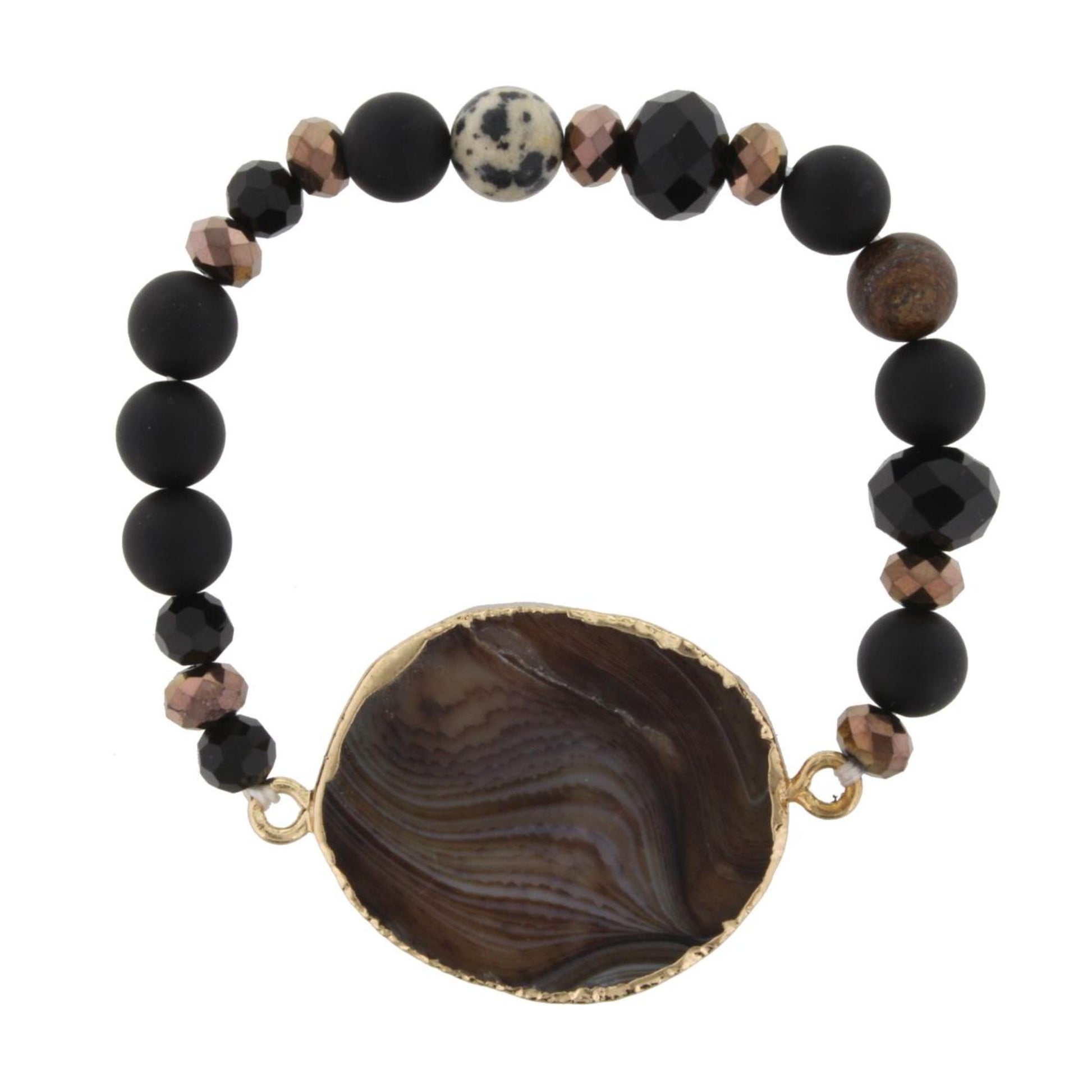 Jet, Picture Jasper, Dalmation Beaded Stretch Bracelet with Brown Agate