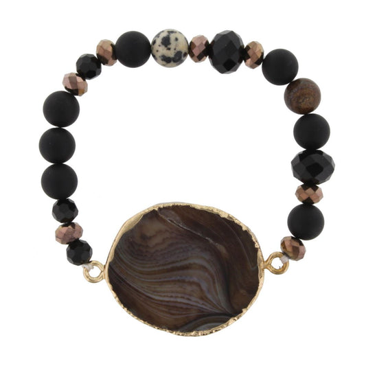 Jet, Picture Jasper, Dalmation Beaded Stretch Bracelet with Brown Agate