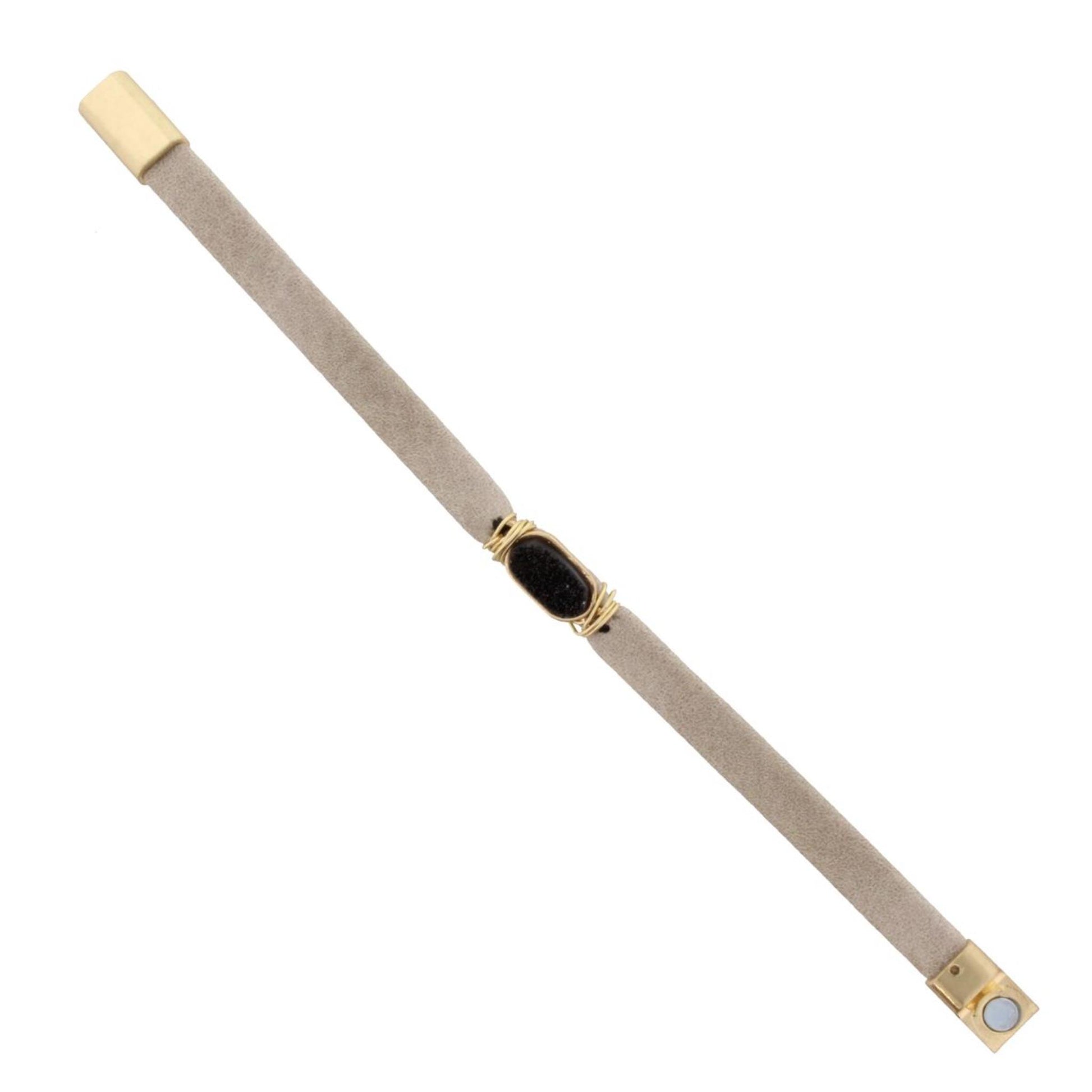 Light Taupe Leather Bracelet with Jet Druzy