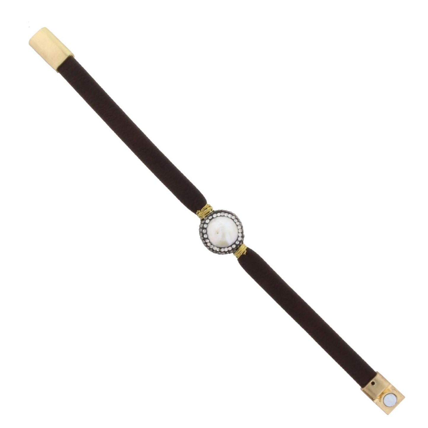 Dark Brown Leather Bracelet with Pave Pearl